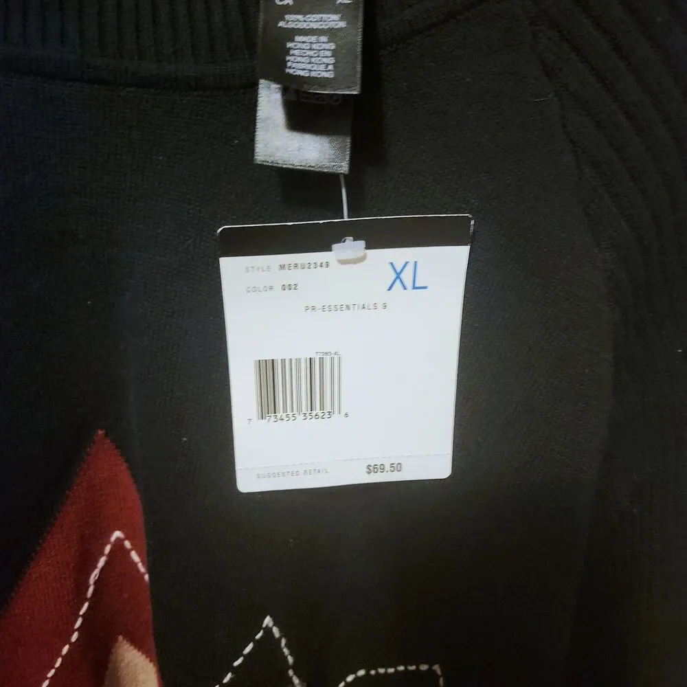 VTG Claiborne Black Red Argyle Diamond Cotton Golf Grandpa Sweater XL Long NWT - Picture 6 of 8